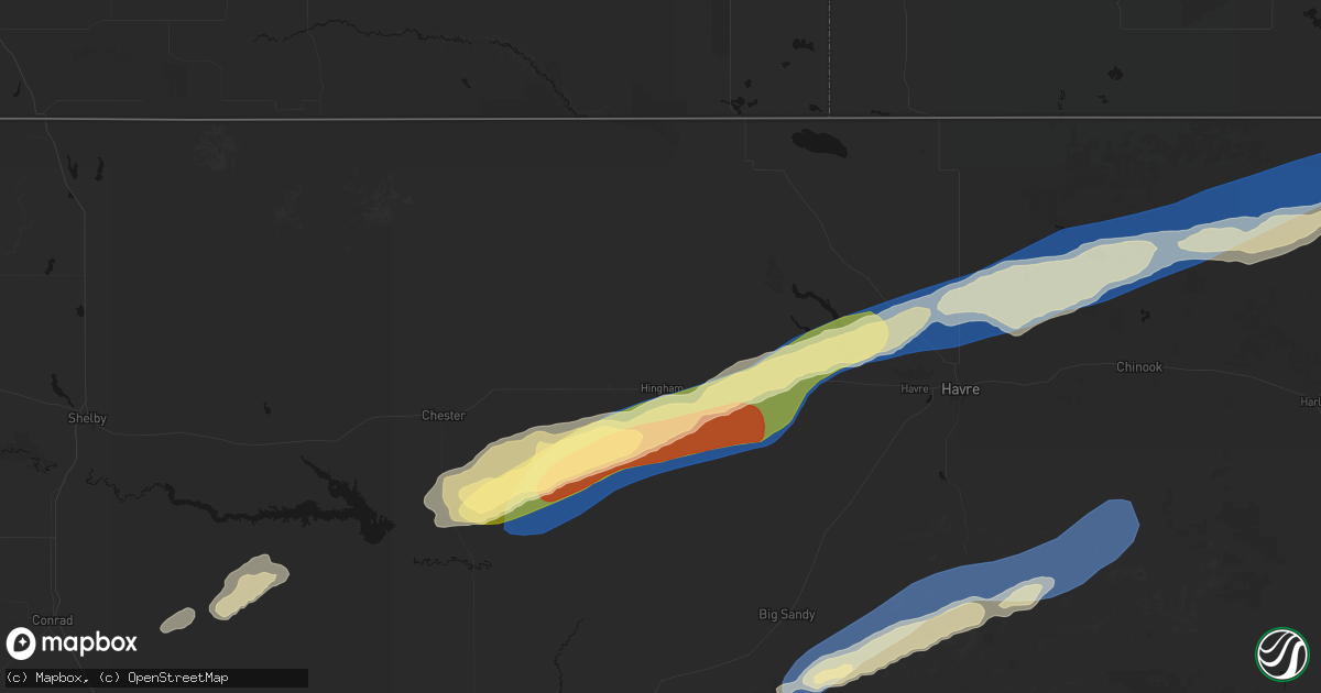 Hail map in Hingham, MT on August 23, 2026