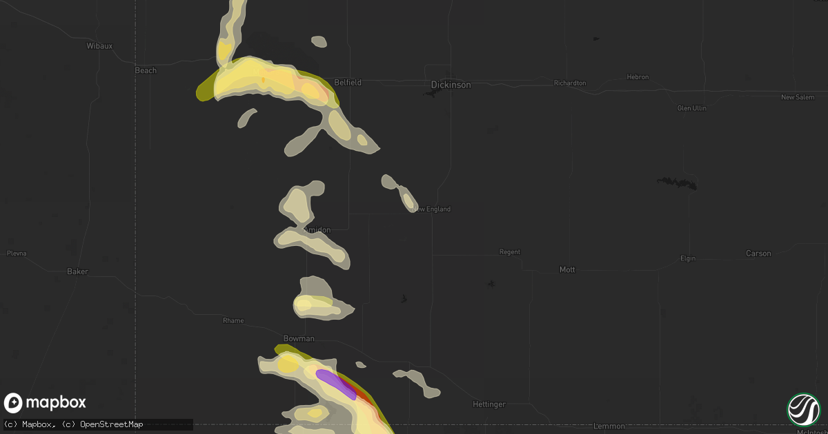Hail map in New England, ND on August 23, 2026