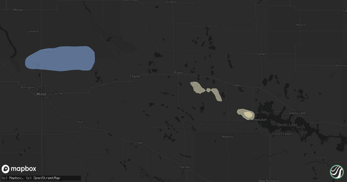 Hail map in Rugby, ND on August 23, 2026