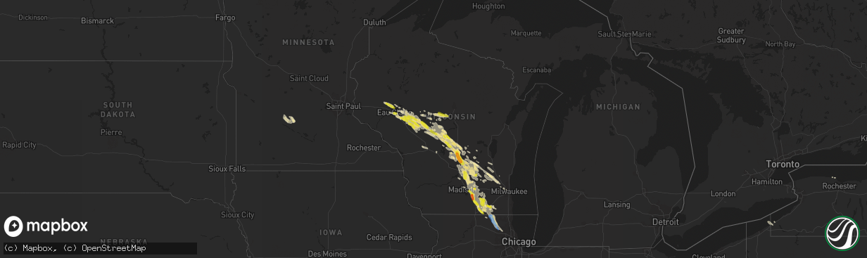 Hail map in Wisconsin on August 24, 2020