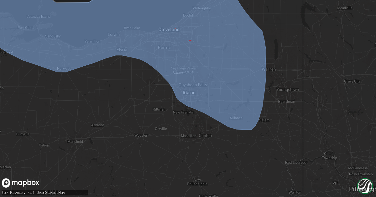Hail map in Akron, OH on August 24, 2023