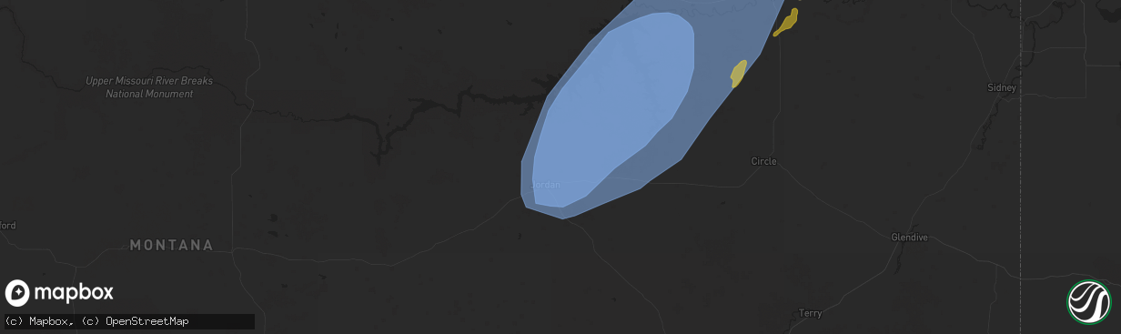 Hail map in Jordan, MT on August 24, 2024