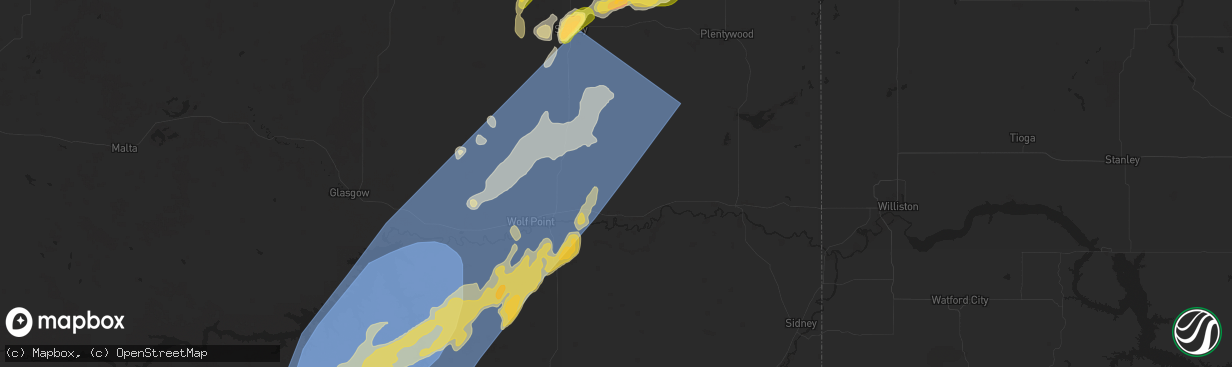 Hail map in Poplar, MT on August 24, 2024