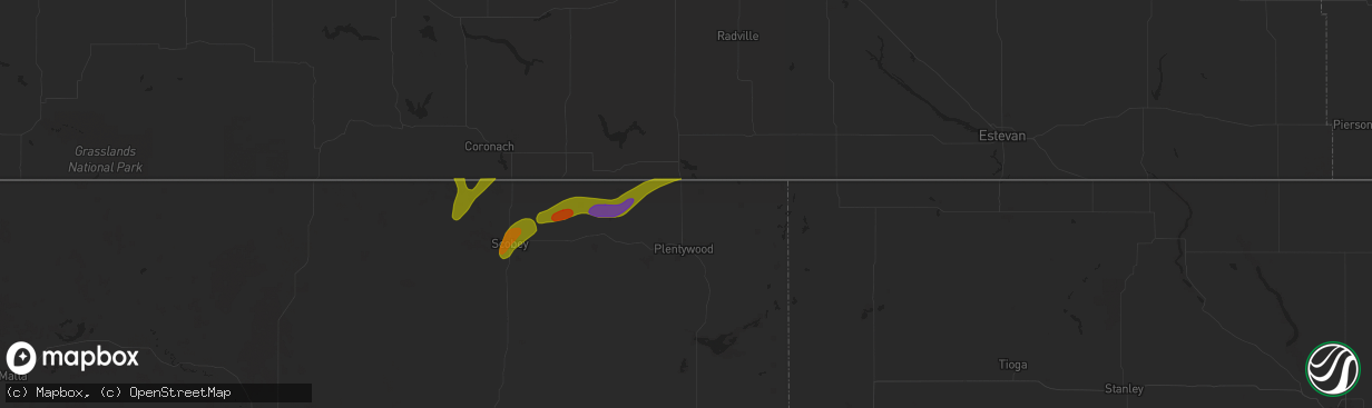 Hail map in Raymond, MT on August 24, 2024