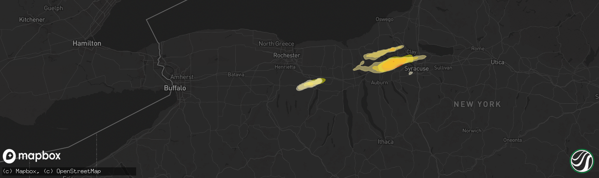 Hail map in Bloomfield, NY on August 24, 2025