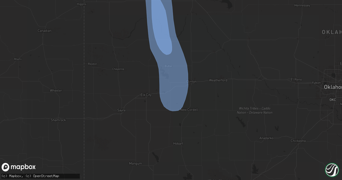 Hail map in Foss, OK on August 24, 2025