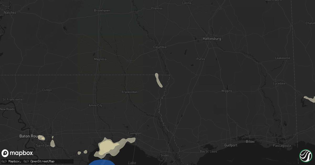 Hail map in Angie, LA on August 24, 2026