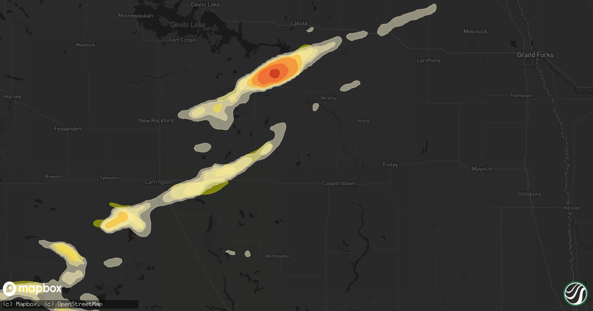 Hail map in Binford, ND on August 24, 2026