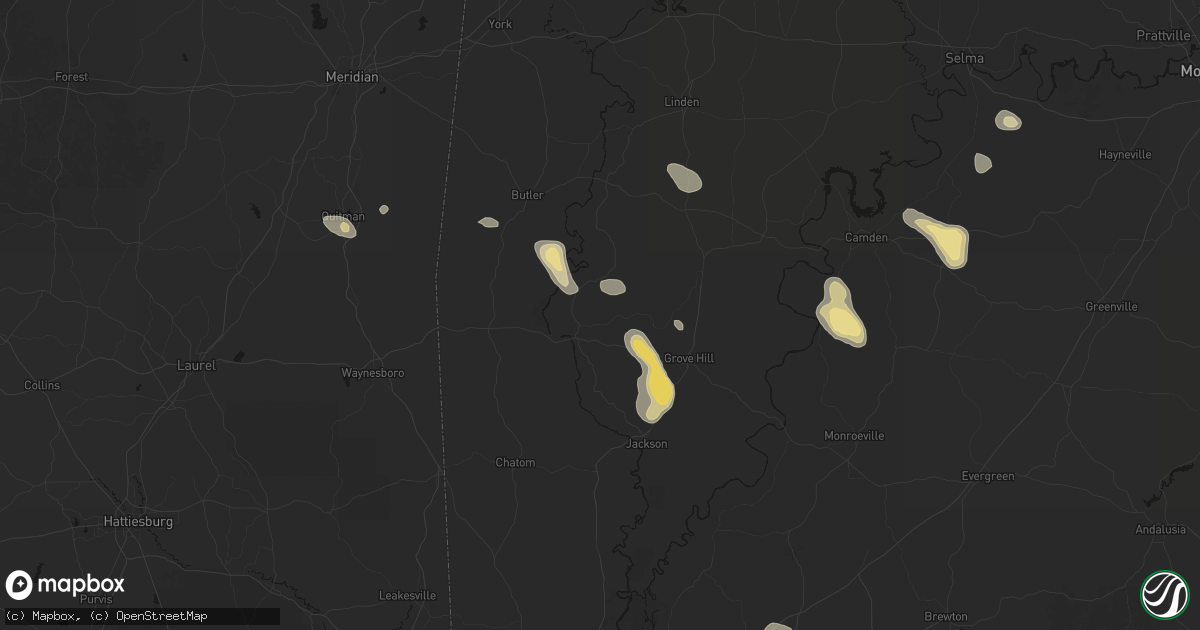 Hail map in Coffeeville, AL on August 24, 2026