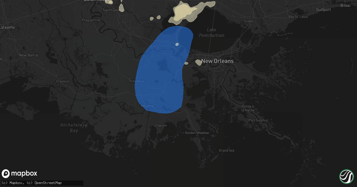 Hail map in Gheens, LA on August 24, 2026