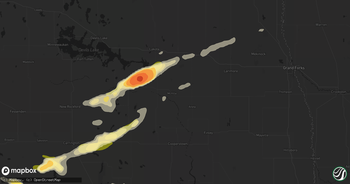 Hail map in Mcville, ND on August 24, 2026