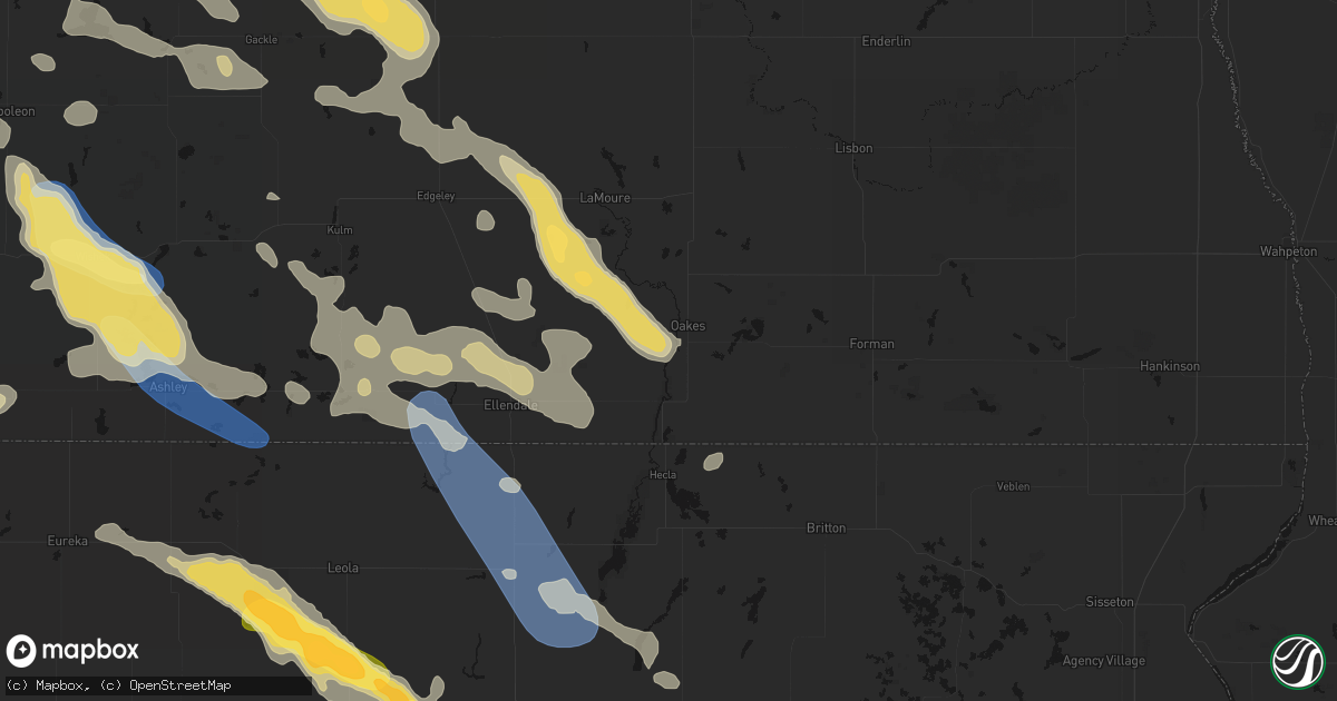 Hail map in Oakes, ND on August 24, 2026