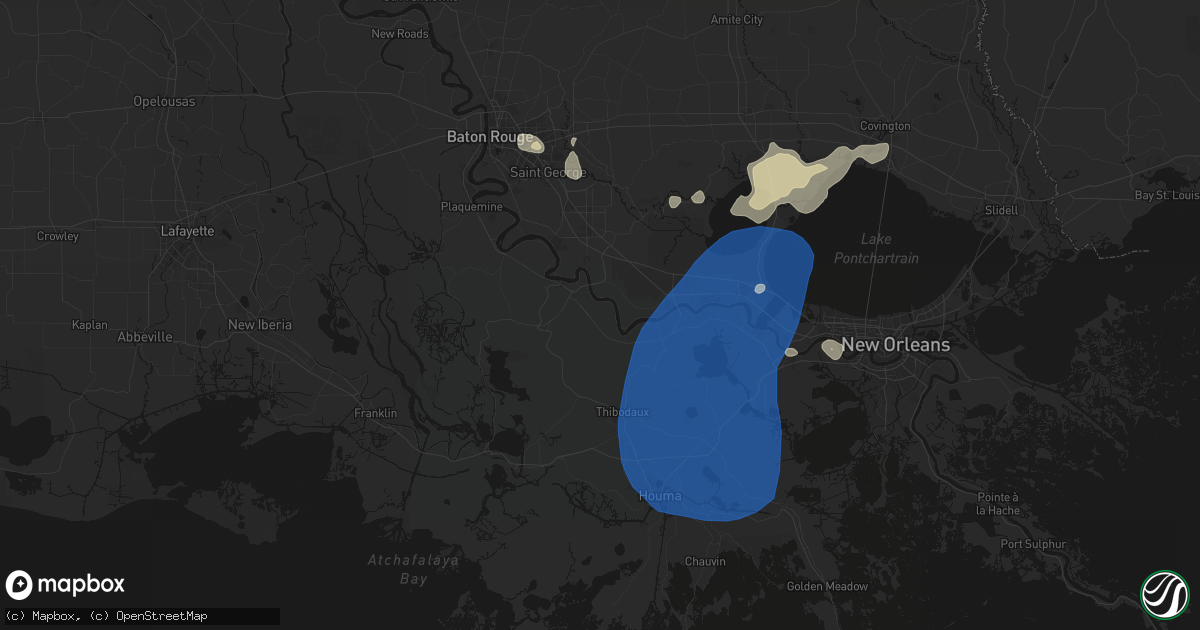 Hail map in Saint James, LA on August 24, 2026