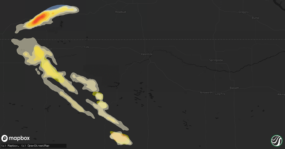 Hail map in Valentine, NE on August 24, 2026