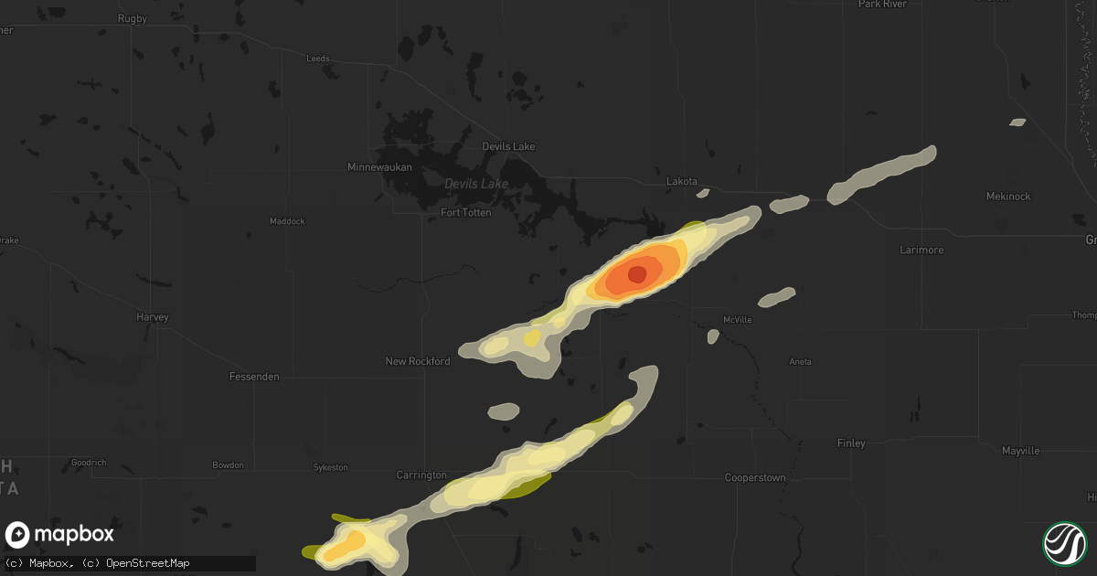 Hail map in Warwick, ND on August 24, 2026