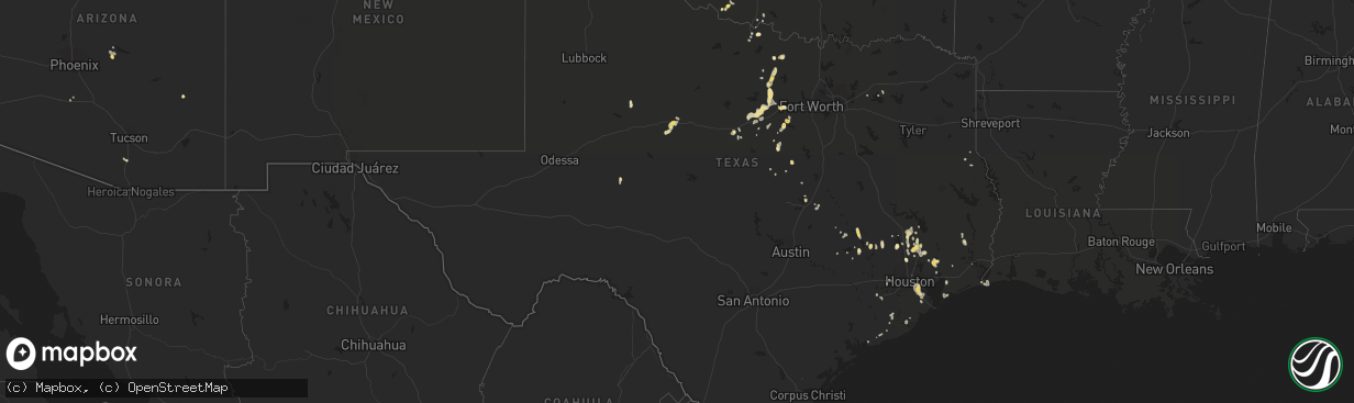 Hail map in Texas on August 25, 2015