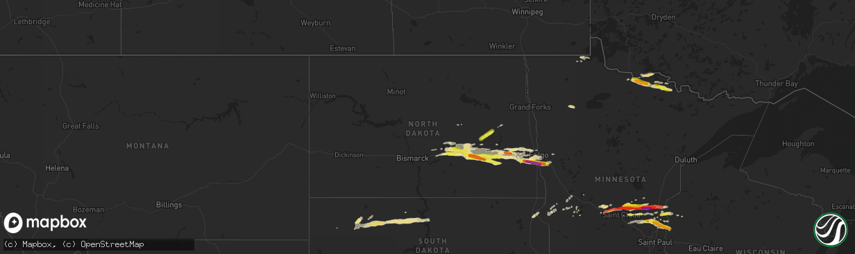 Hail map in North Dakota on August 25, 2018