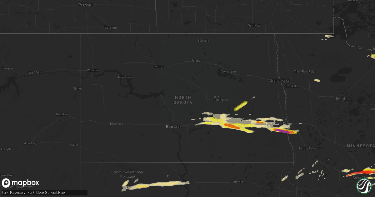 Hail map in North Dakota on August 25, 2018