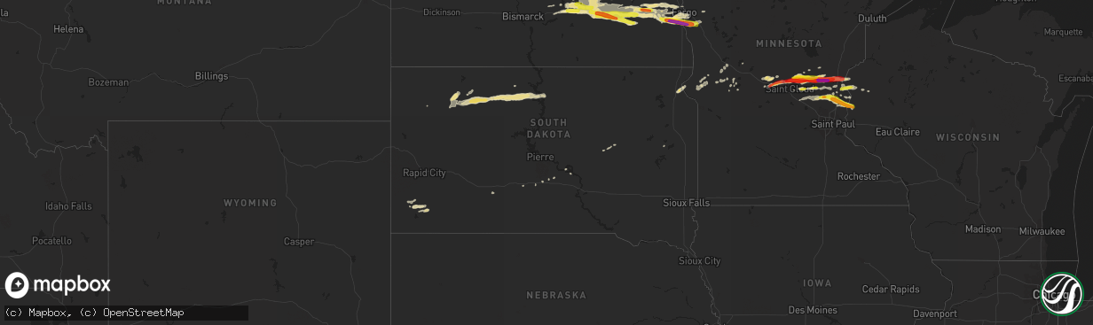 Hail map in South Dakota on August 25, 2018