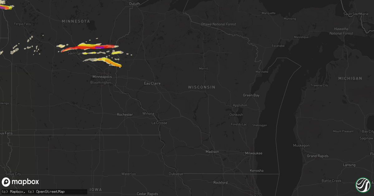 Hail map in Wisconsin on August 25, 2018