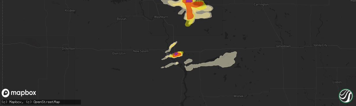 Hail map in Bismarck, ND on August 25, 2019