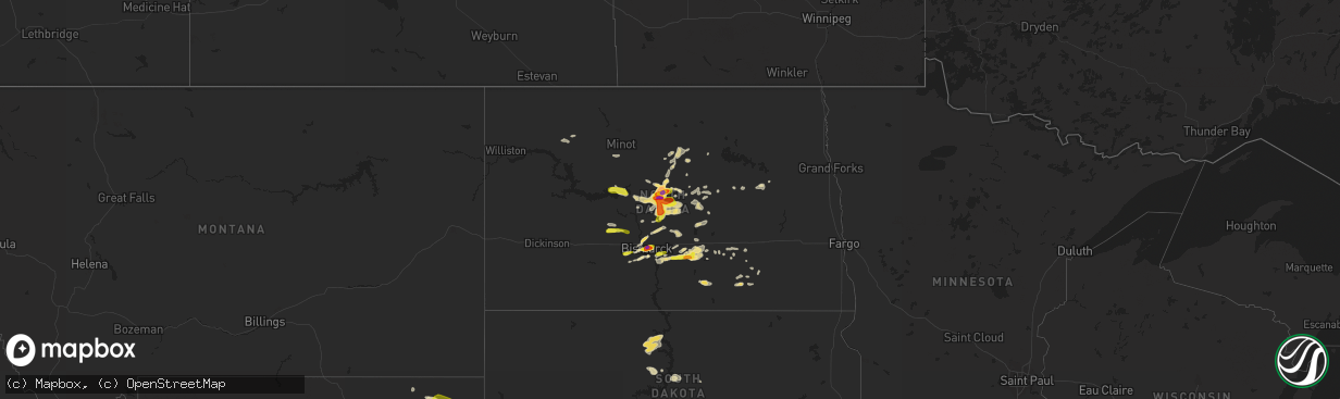 Hail map in North Dakota on August 25, 2019