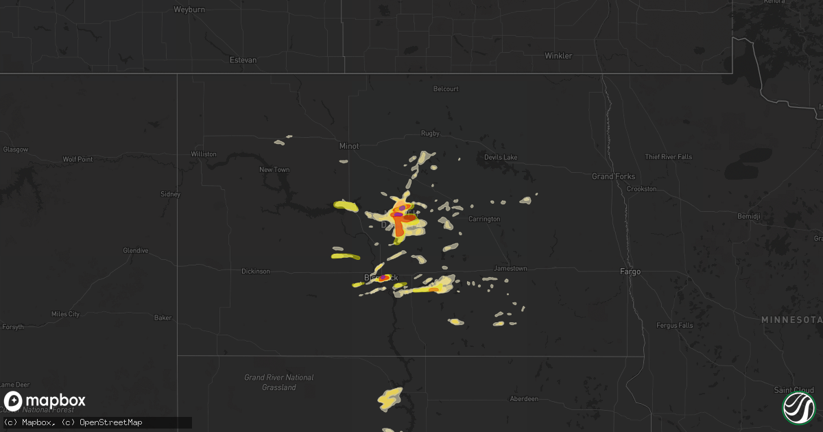 Hail map in North Dakota on August 25, 2019