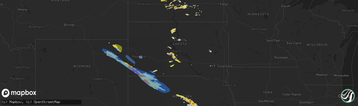 Hail map in South Dakota on August 25, 2019