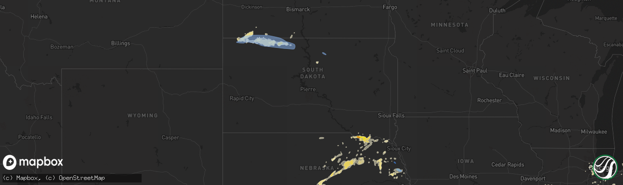 Hail map in South Dakota on August 25, 2021