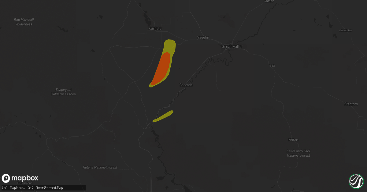 Hail map in Cascade, MT on August 25, 2022