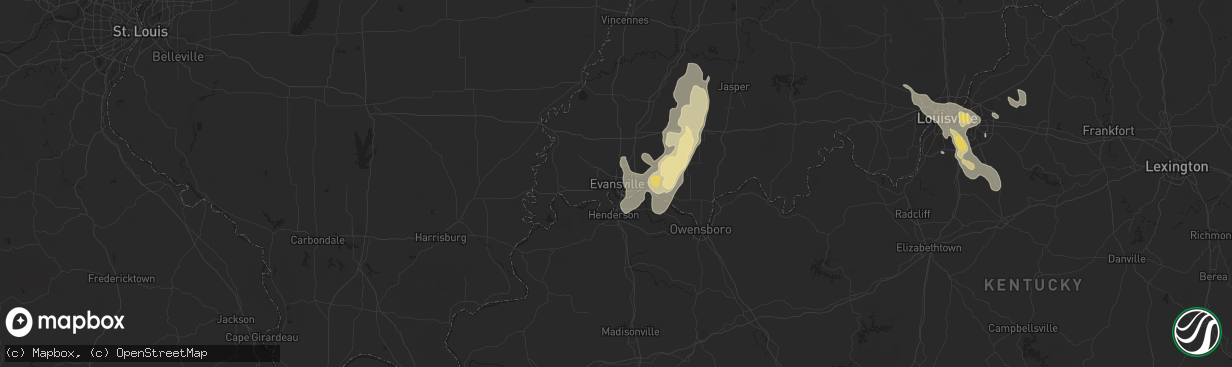 Hail map in Evansville, IN on August 25, 2023