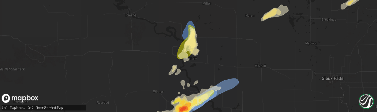 Hail map in Chamberlain, SD on August 25, 2024