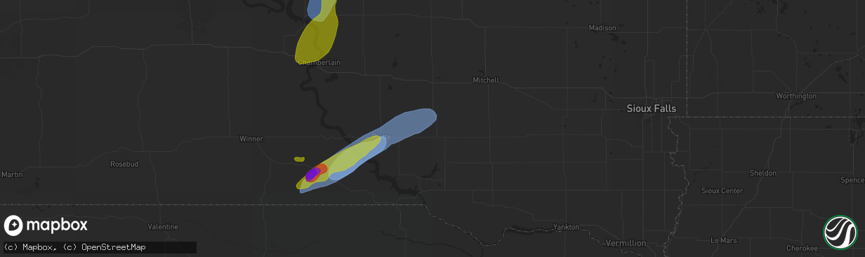 Hail map in Corsica, SD on August 25, 2024