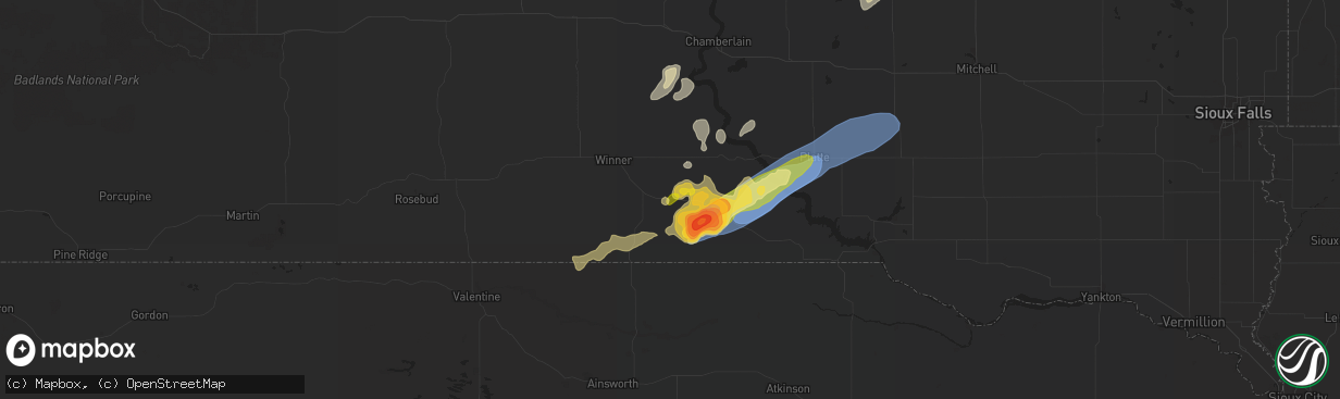 Hail map in Dallas, SD on August 25, 2024