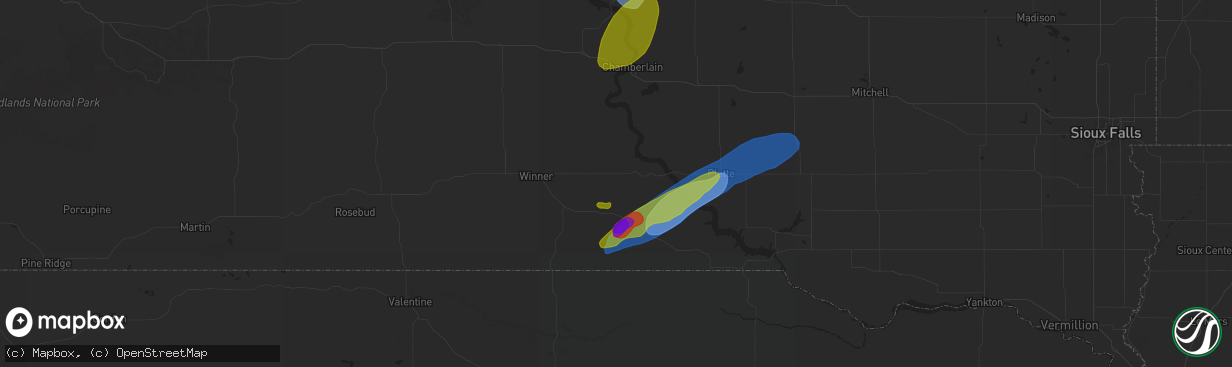 Hail map in Gregory, SD on August 25, 2024