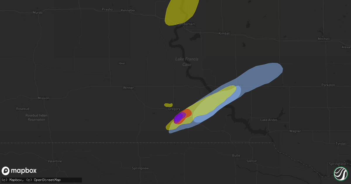 Hail map in Gregory, SD on August 25, 2024