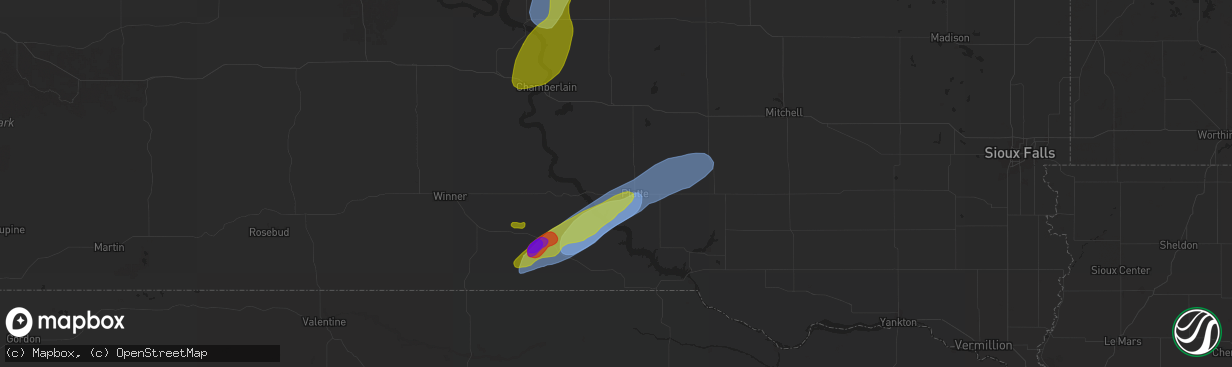 Hail map in Platte, SD on August 25, 2024