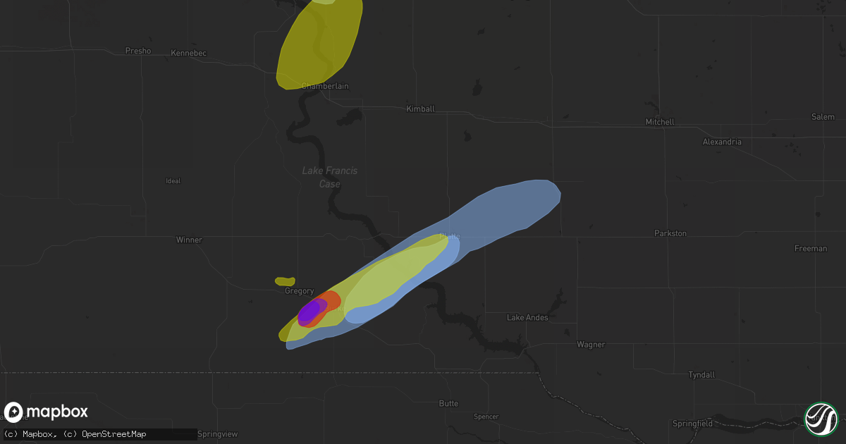 Hail map in Platte, SD on August 25, 2024