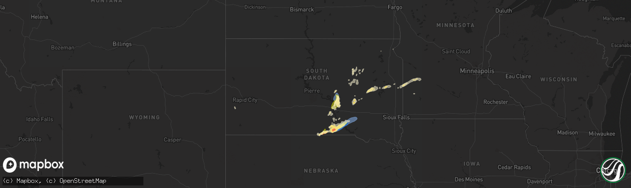 Hail map in South Dakota on August 25, 2024