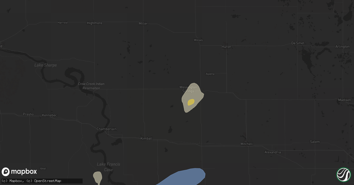 Hail map in Wessington Springs, SD on August 25, 2024