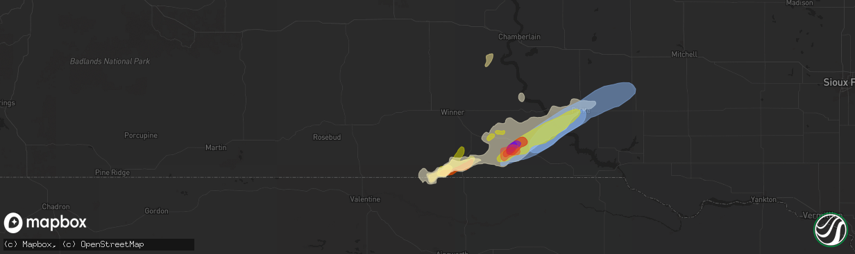 Hail map in Winner, SD on August 25, 2024