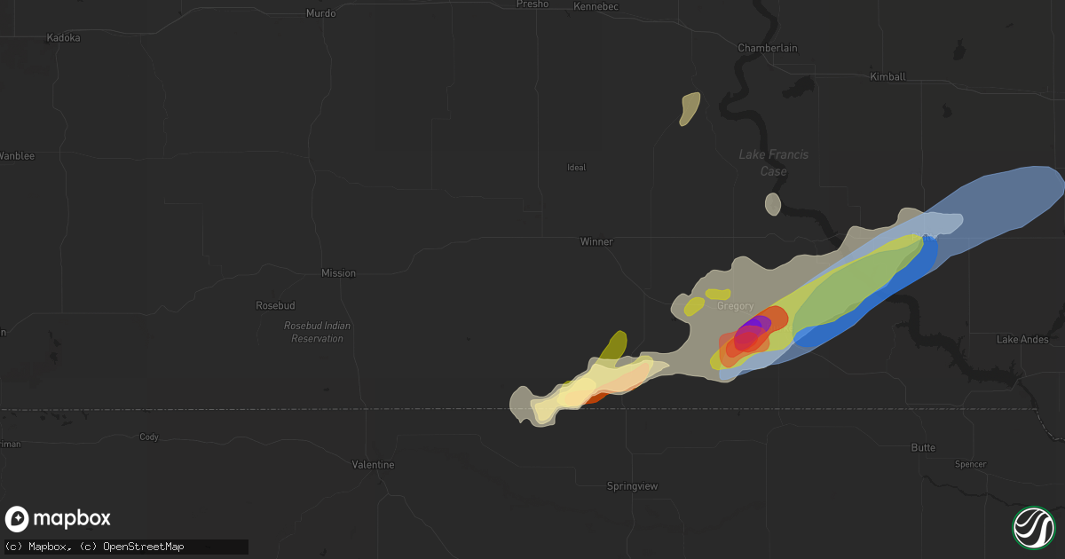 Hail map in Winner, SD on August 25, 2024