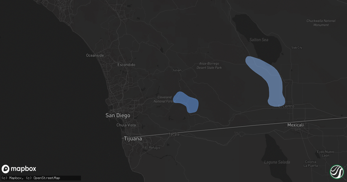 Hail map in Descanso, CA on August 25, 2025