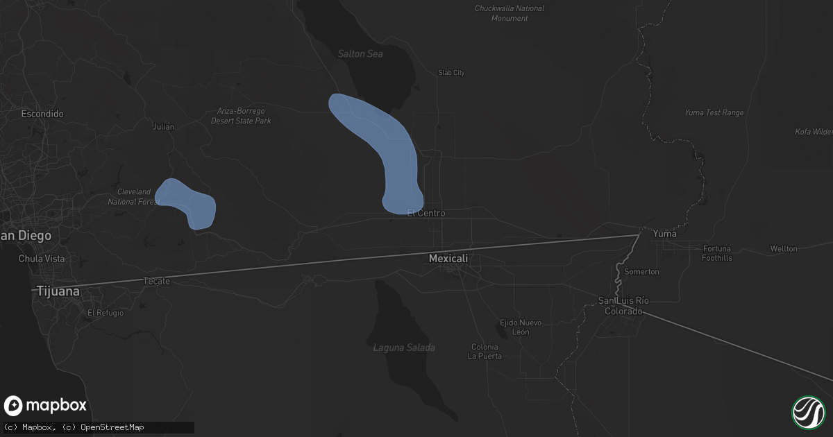 Hail map in El Centro, CA on August 25, 2025