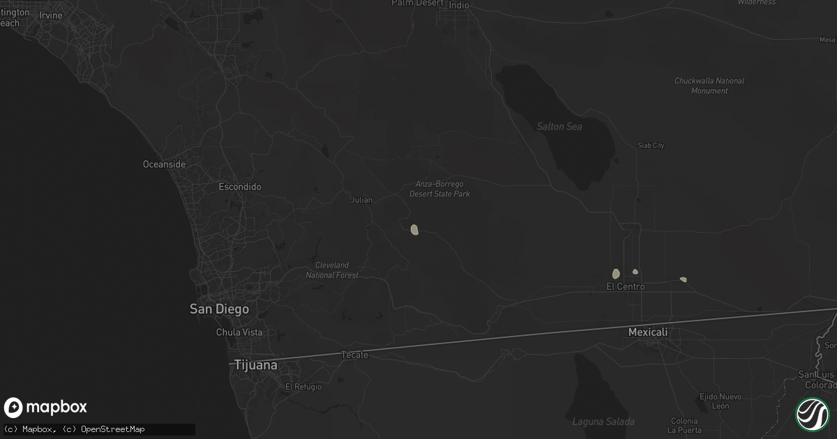 Hail map in Julian, CA on August 25, 2025