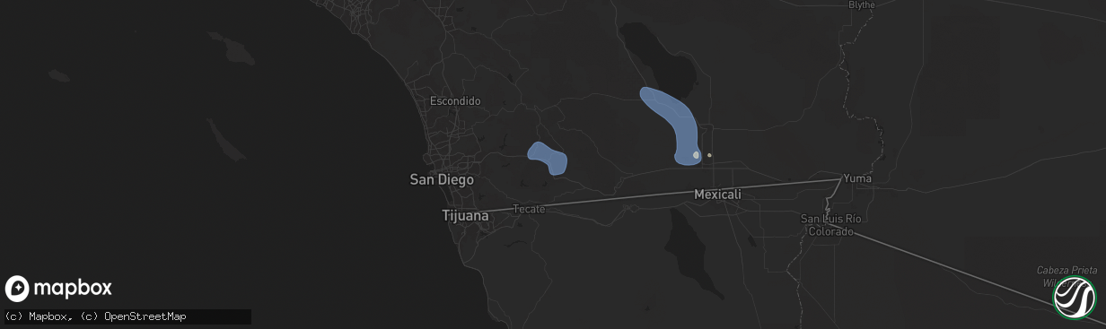 Hail map in Pine Valley, CA on August 25, 2025