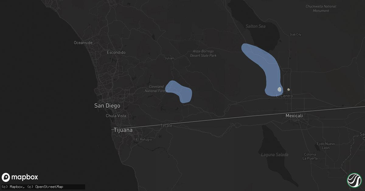 Hail map in Pine Valley, CA on August 25, 2025