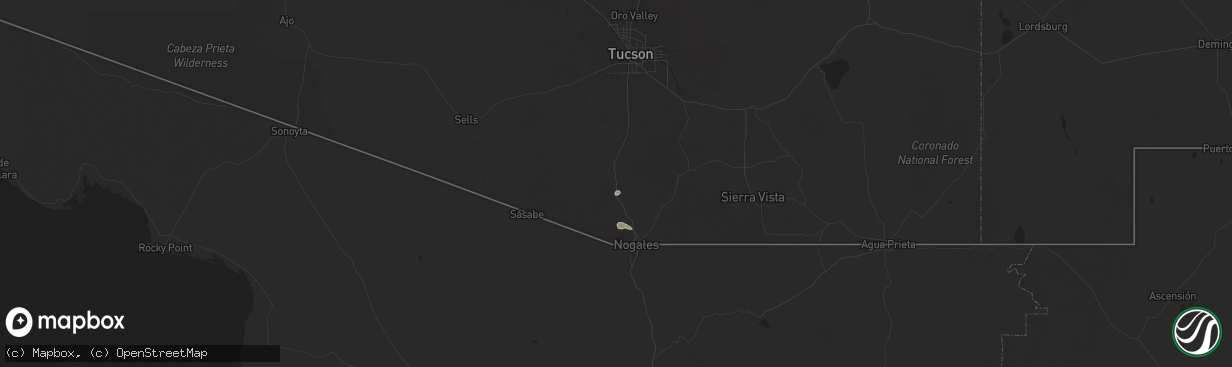 Hail map in Tubac, AZ on August 25, 2025