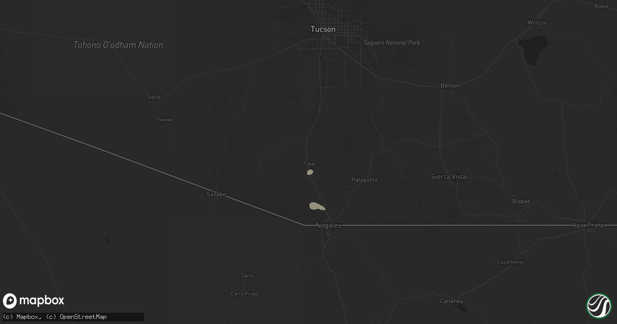 Hail map in Tubac, AZ on August 25, 2025