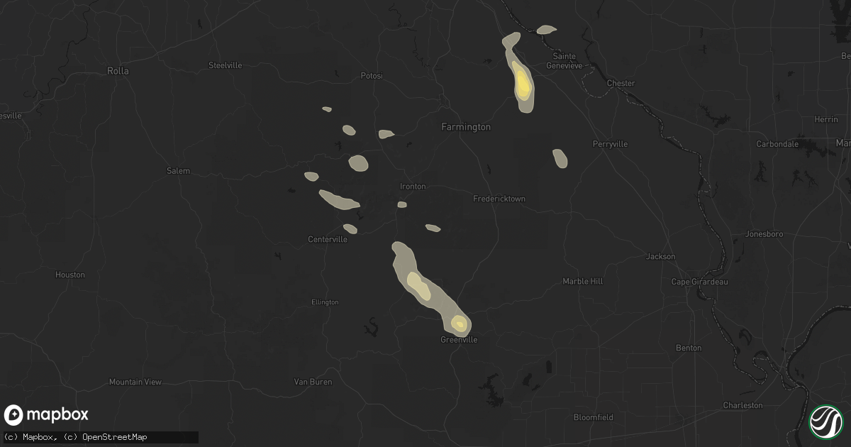 Hail map in Arcadia, MO on August 25, 2026